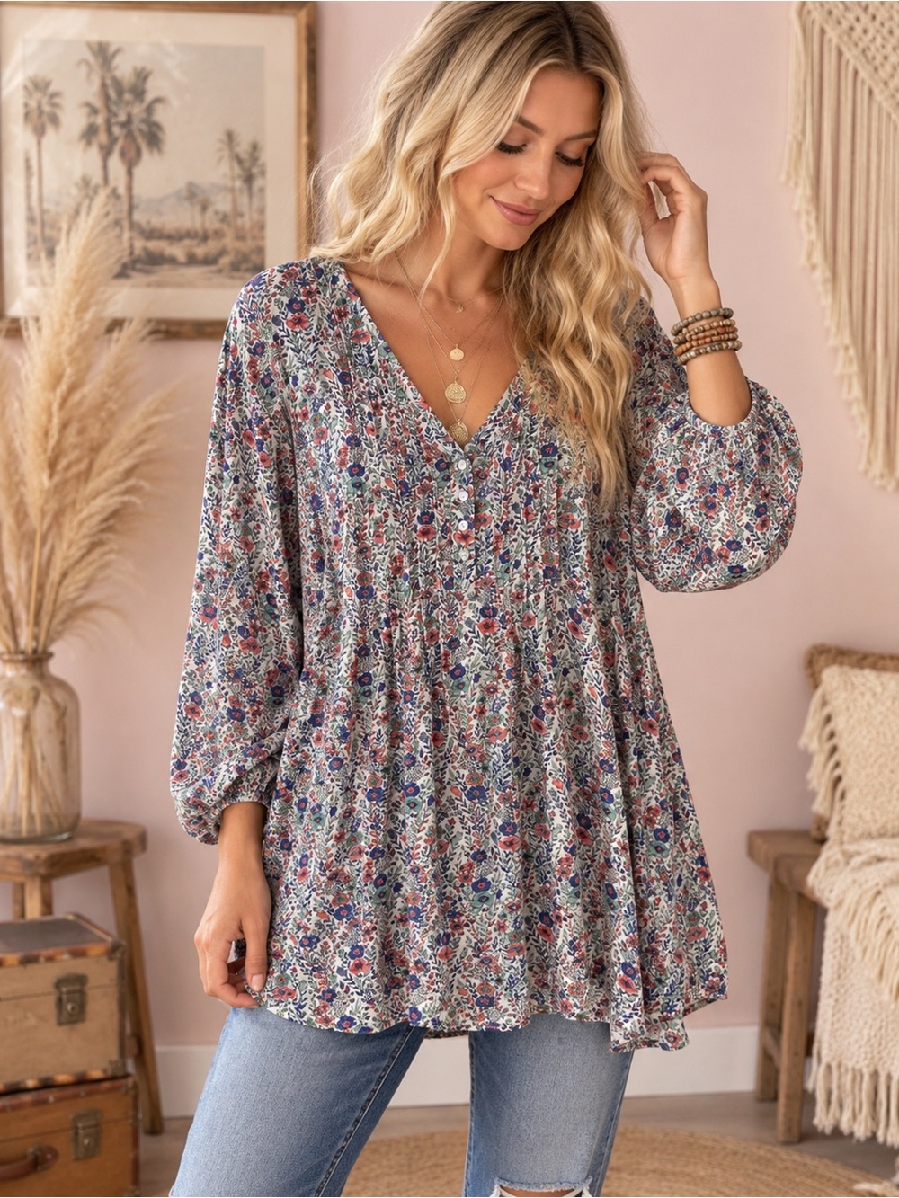Rose & Olive Floral V-Neck Peasant Tunic - Multi Boho Aesthetic